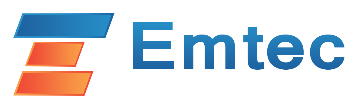 Emtec logo on a transparent background